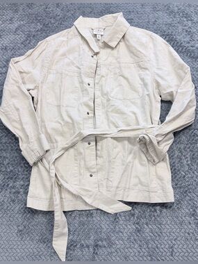 St. John's Bay Linen-Blend Belted Utility Jacket Shirt in Oatmeal Size Large